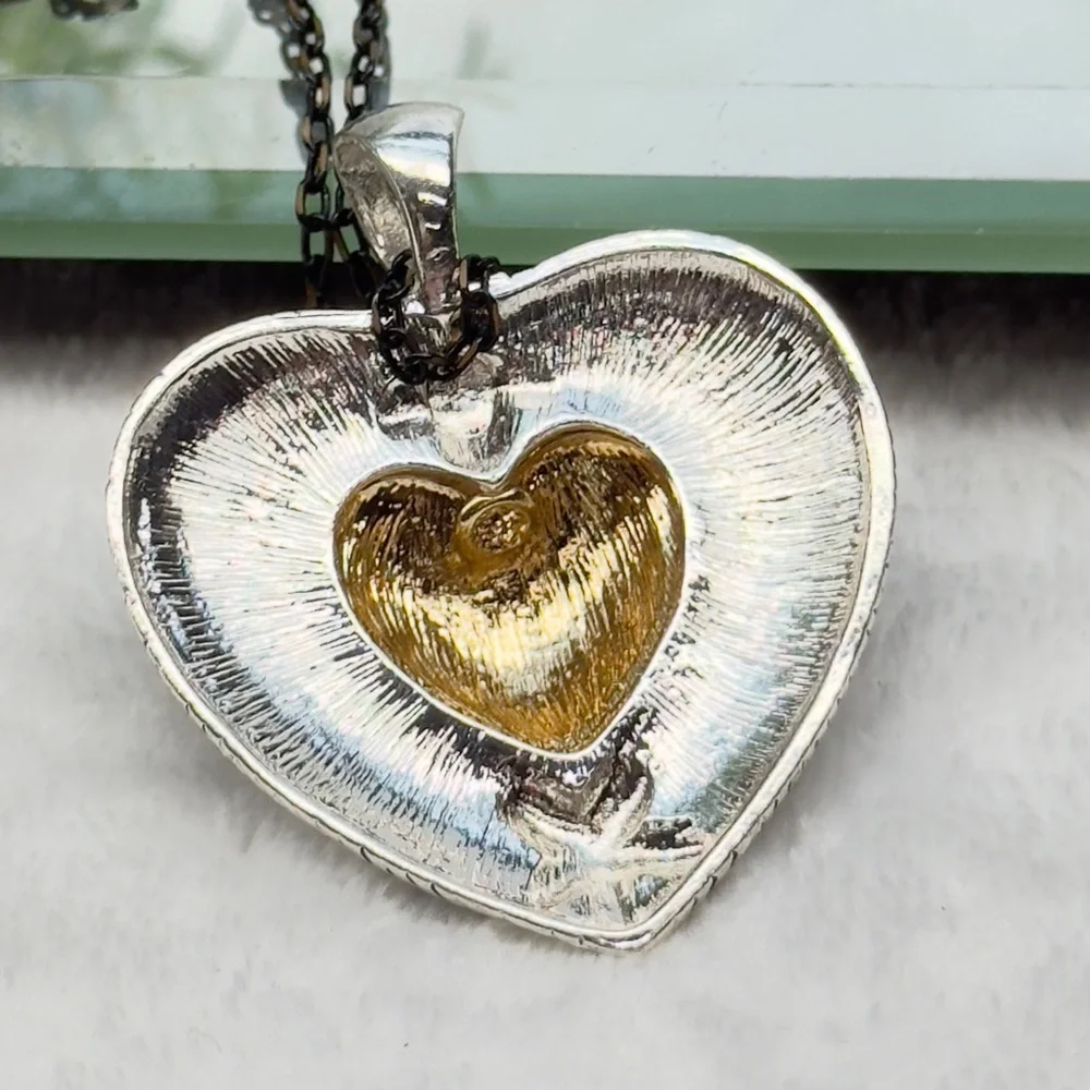 Two tone Big Heart Pendant with Long Two Chain - Picture 4 of 6